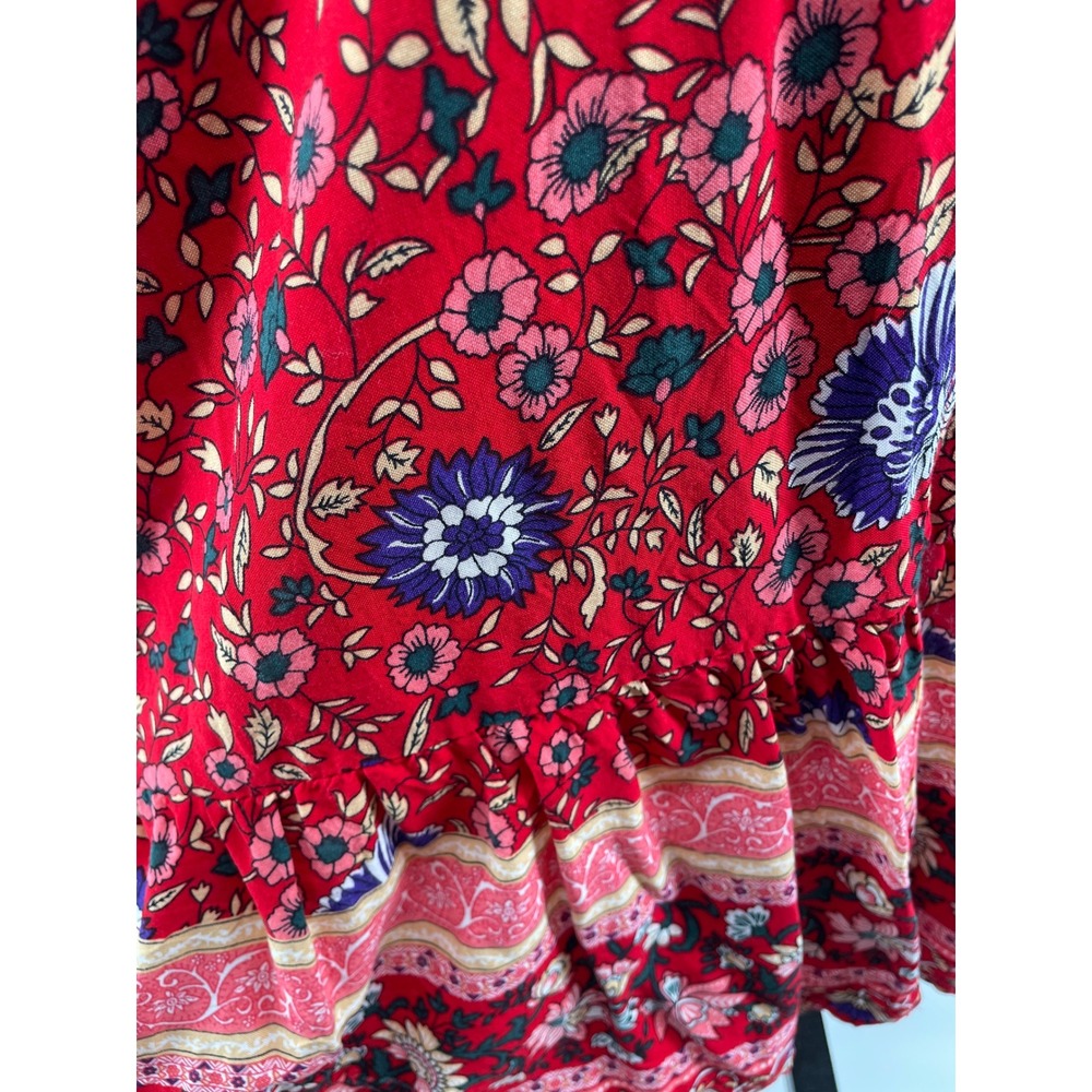 Floral Mini Dress Womens Medium Red Western Boho Cottagecore Boho Ruffle Wrap - Picture 3 of 8